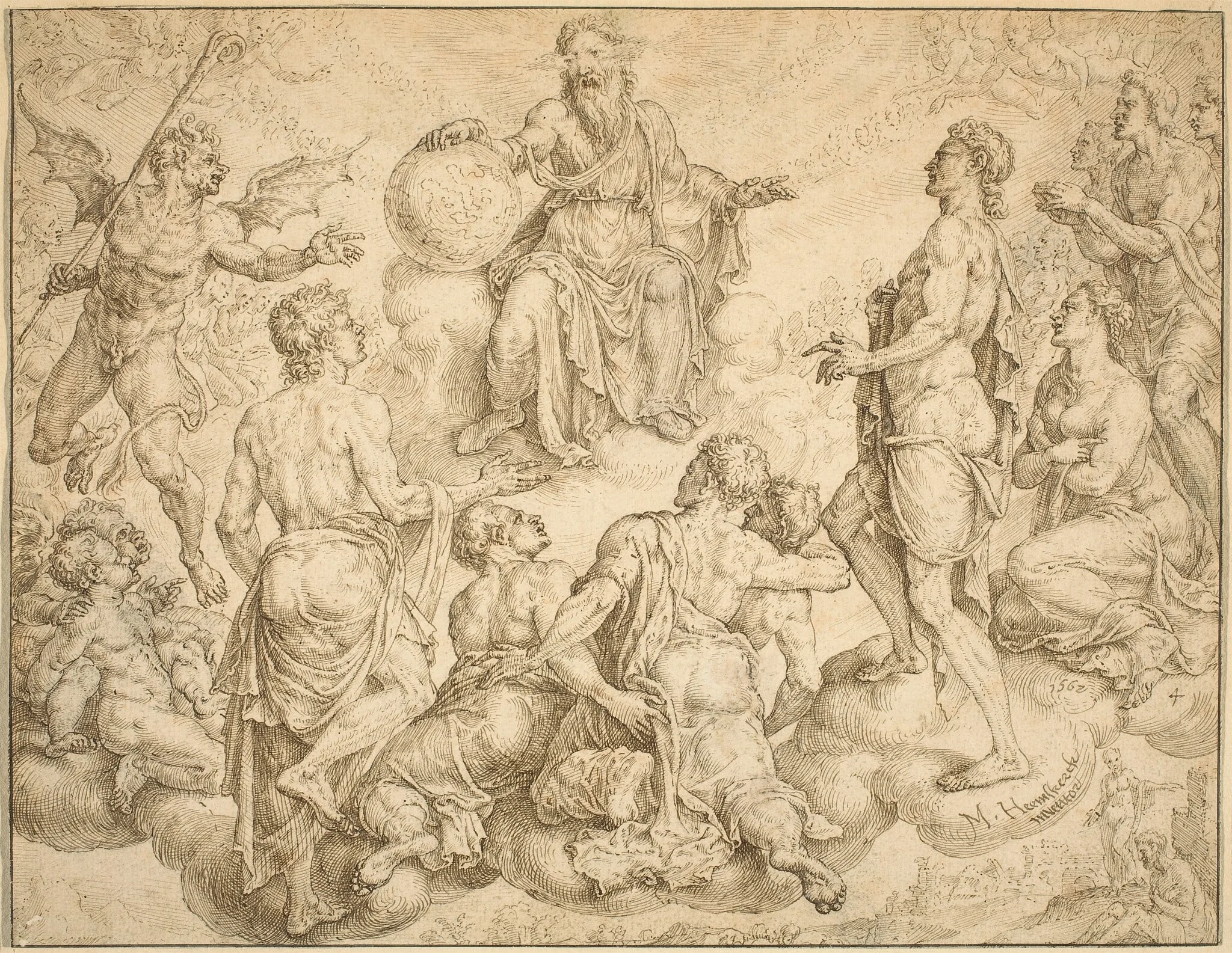 Satan Challenges God to Remove his Protection from Job, by Maerten van Heemskerck, ink, 1562