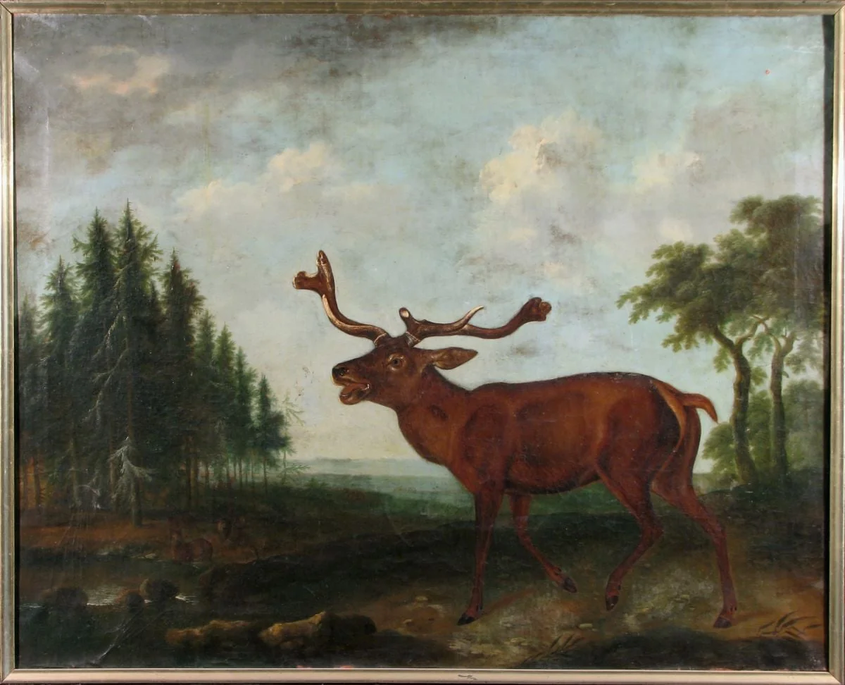 Căprior la apă; pandant: Căprior în fața pădurii de brad, by Unknown, unspecified, 1699