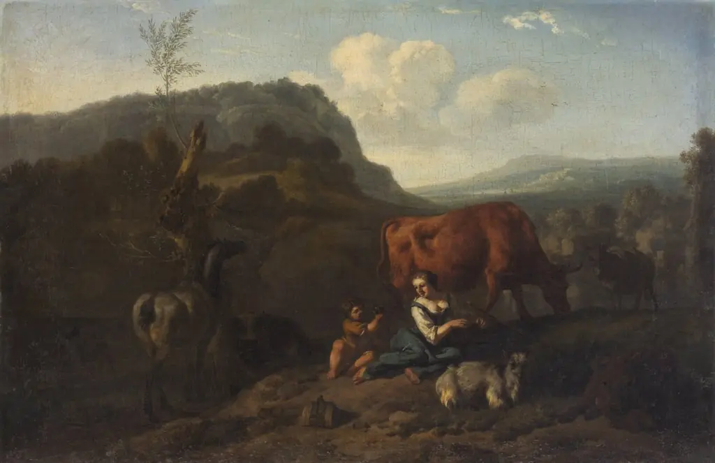 Mountainous landscape with a shepherdess and cows