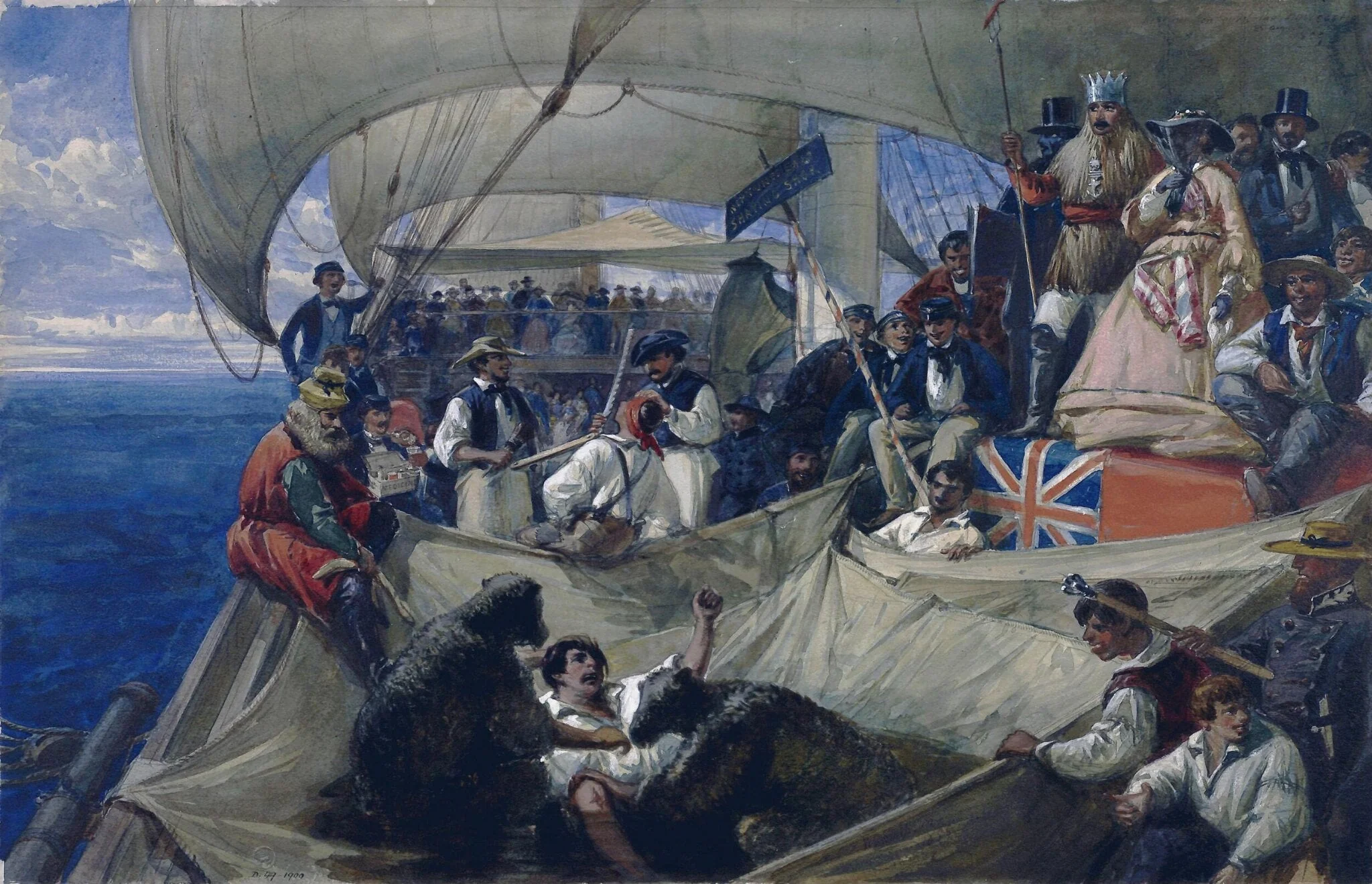 Neptune on board the "Newcastle": Crossing the Line, by William R.I. F.R.G.S. Simpson, watercolor, 1859