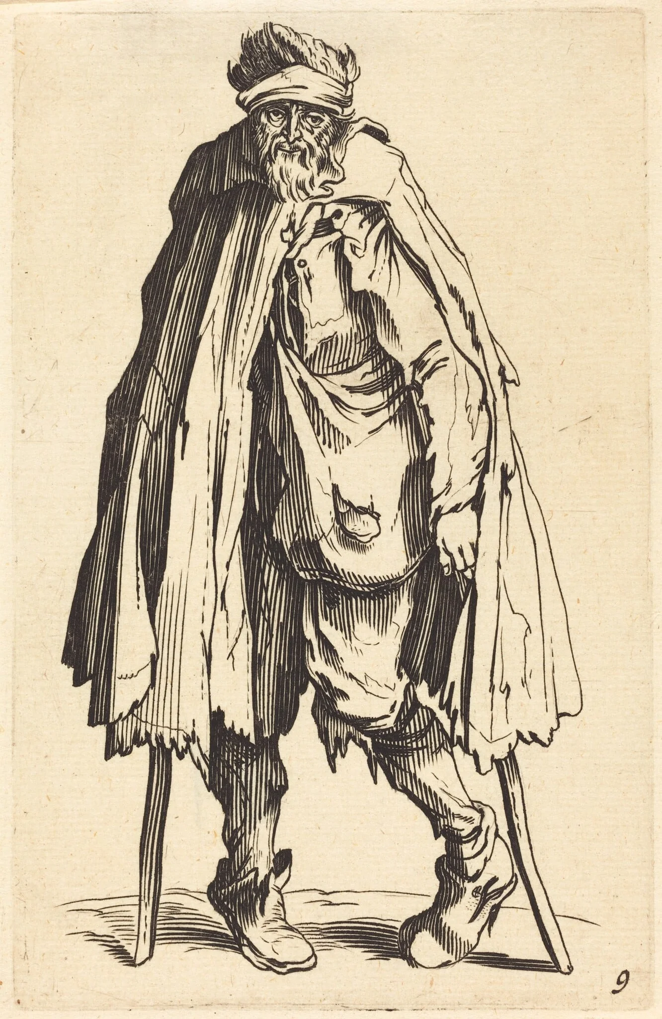 Beggar with Crutches and Sack, by French 17th Century, ink, 1622