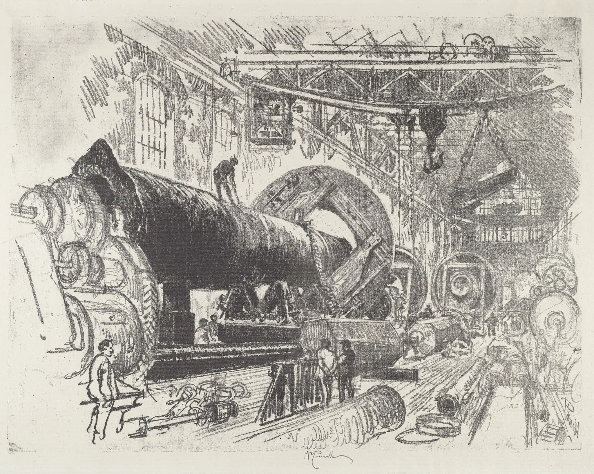 Cutting and Turning a Big Gun, by Joseph Pennell, ink, 1916