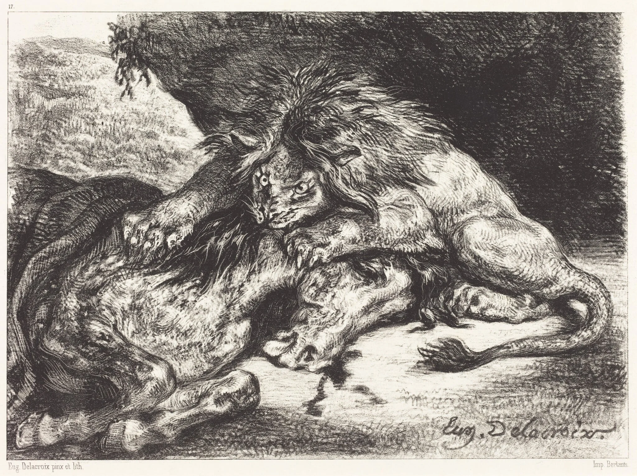 Lion Devorant un Cheval (Lion Devouring a Horse), by Eugène Delacroix, ink, 1844