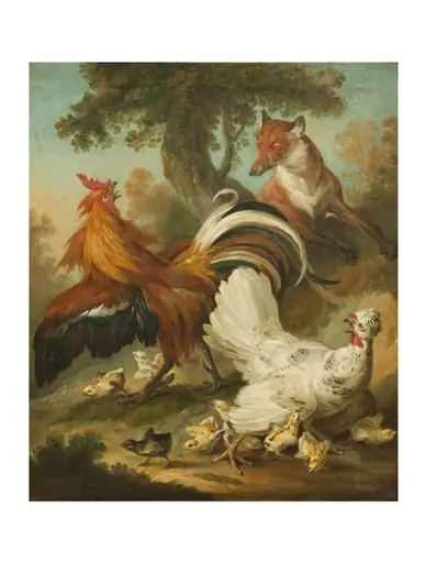 Cock, hen and chickens surprised by a fox