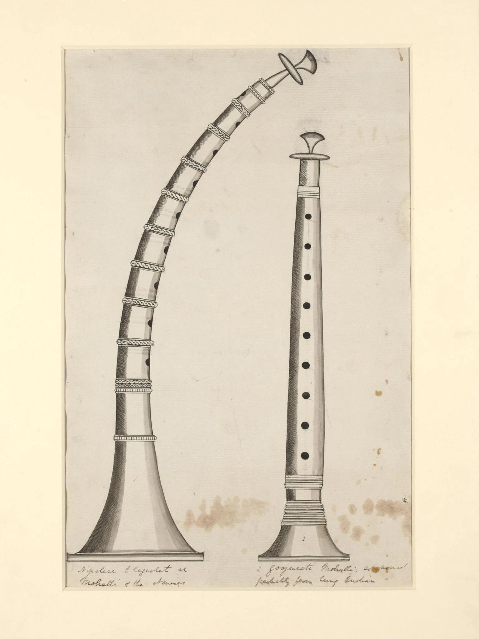 One of seven sheets of drawings depicting implements and musical instruments., by Unknown, 1836