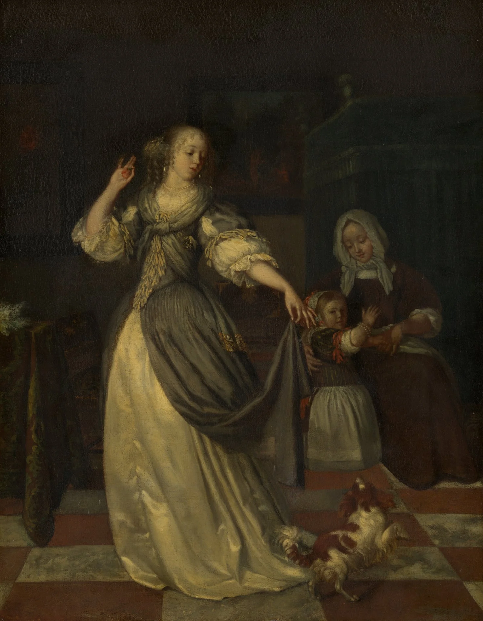 Lady Playing with a Dog, by Eglon van der Neer, oil, 1670