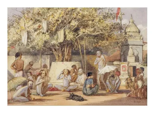Hindu bairagis preparing for a festival outside a shrine