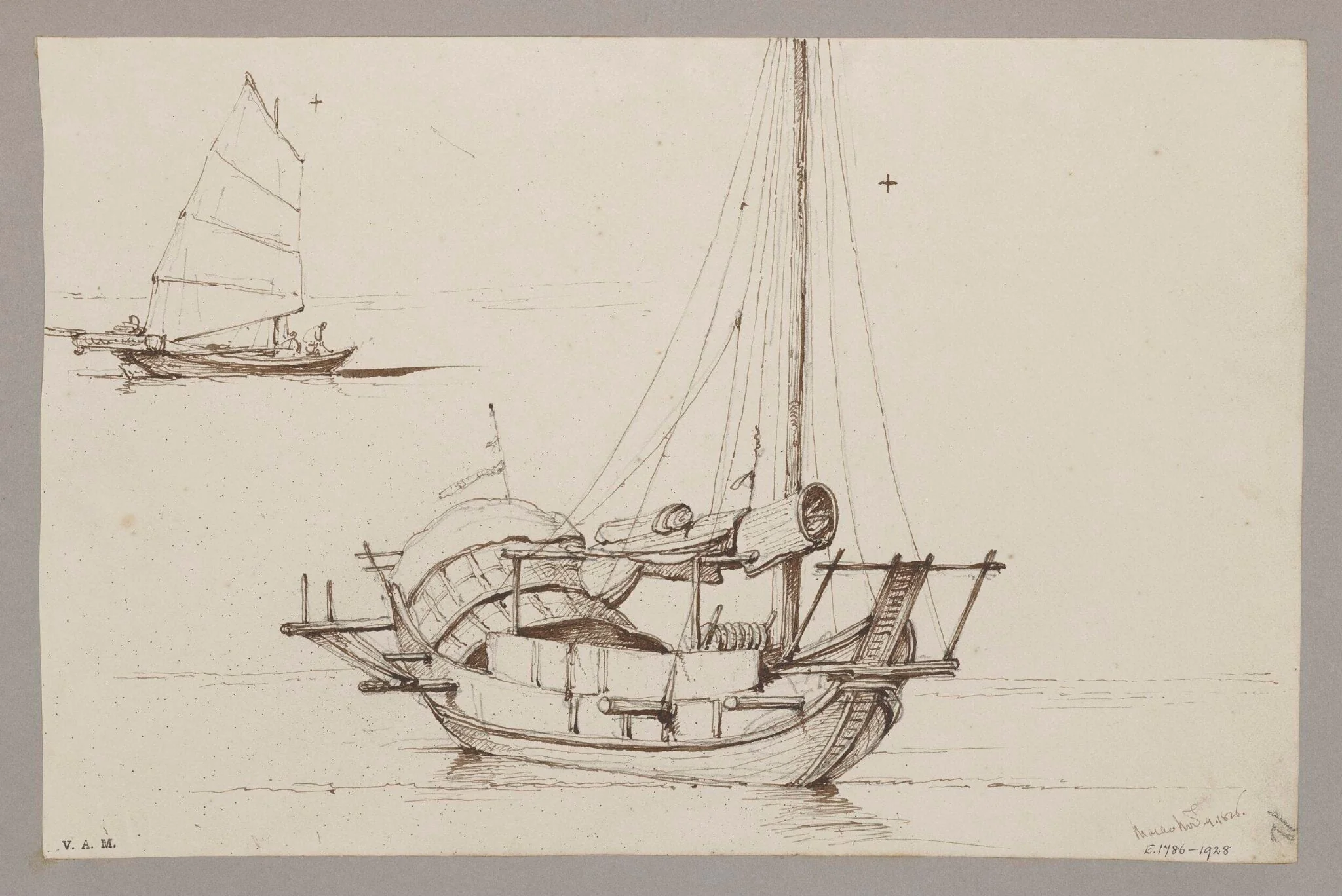 Two drawings of Chinese boats