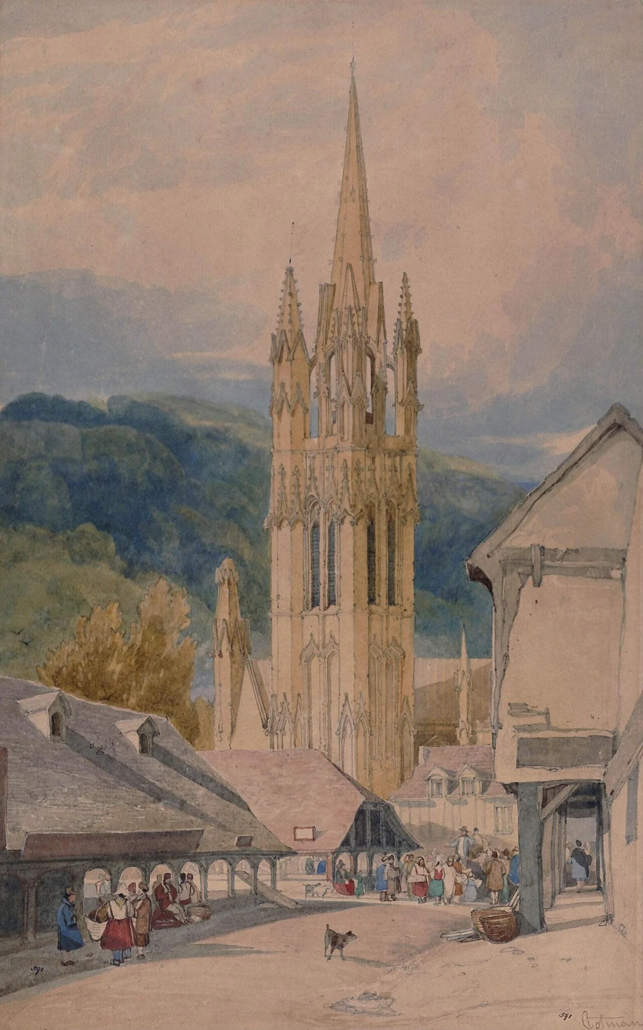 Market Place and Church Spire, Normandy, by John Sell Cotman, watercolor, 1850