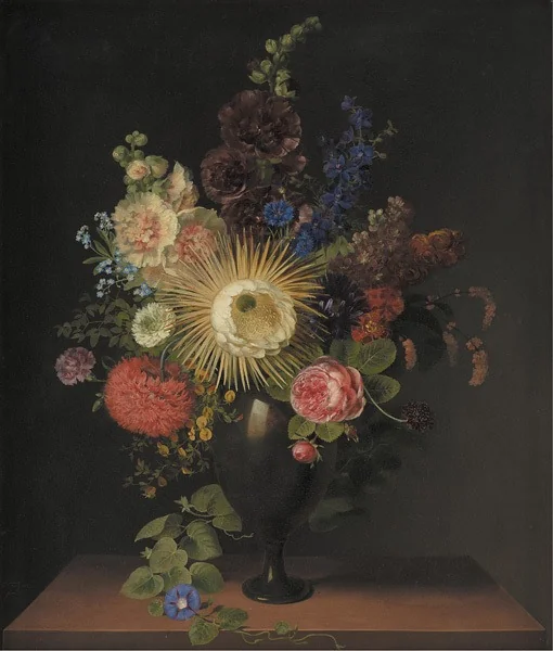 A Cactus Grandiflora and Other Flowers in a Porphyry Vase, by Cladius Detlev Fritzsch, oil, 1807