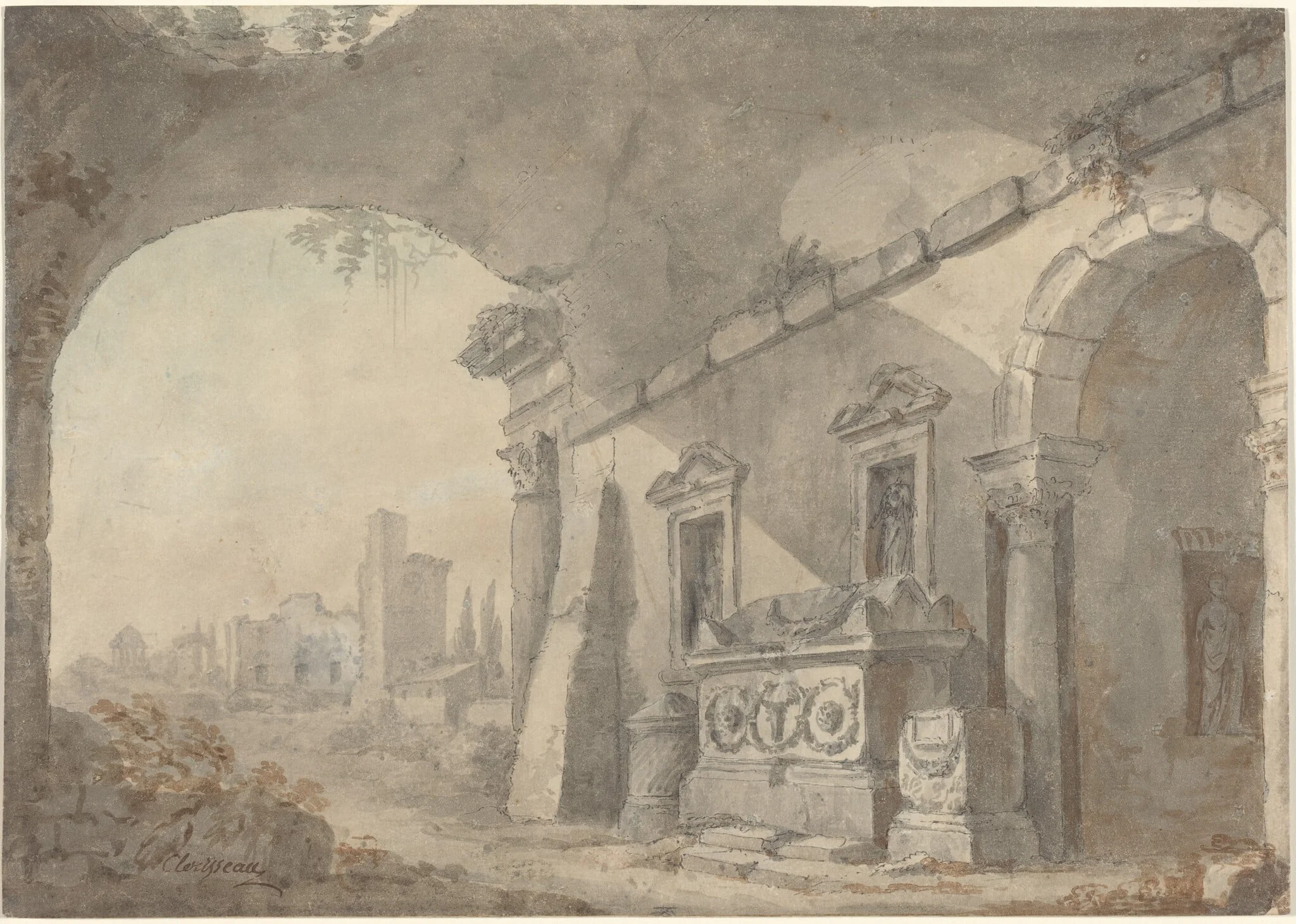 Roman Ruins with a Sepulchre, by Charles Louis Clérisseau, ink, 1771