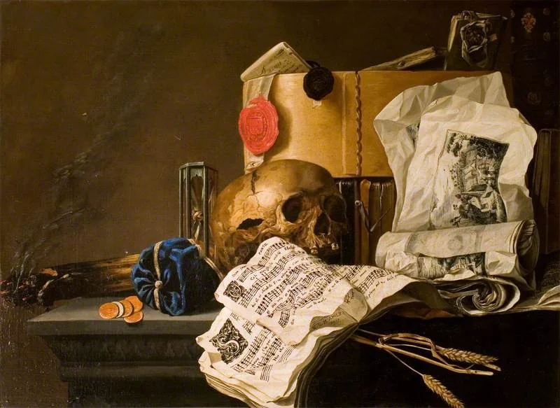 Vanitas Still Life, by N.L. Peschier, oil, 1659