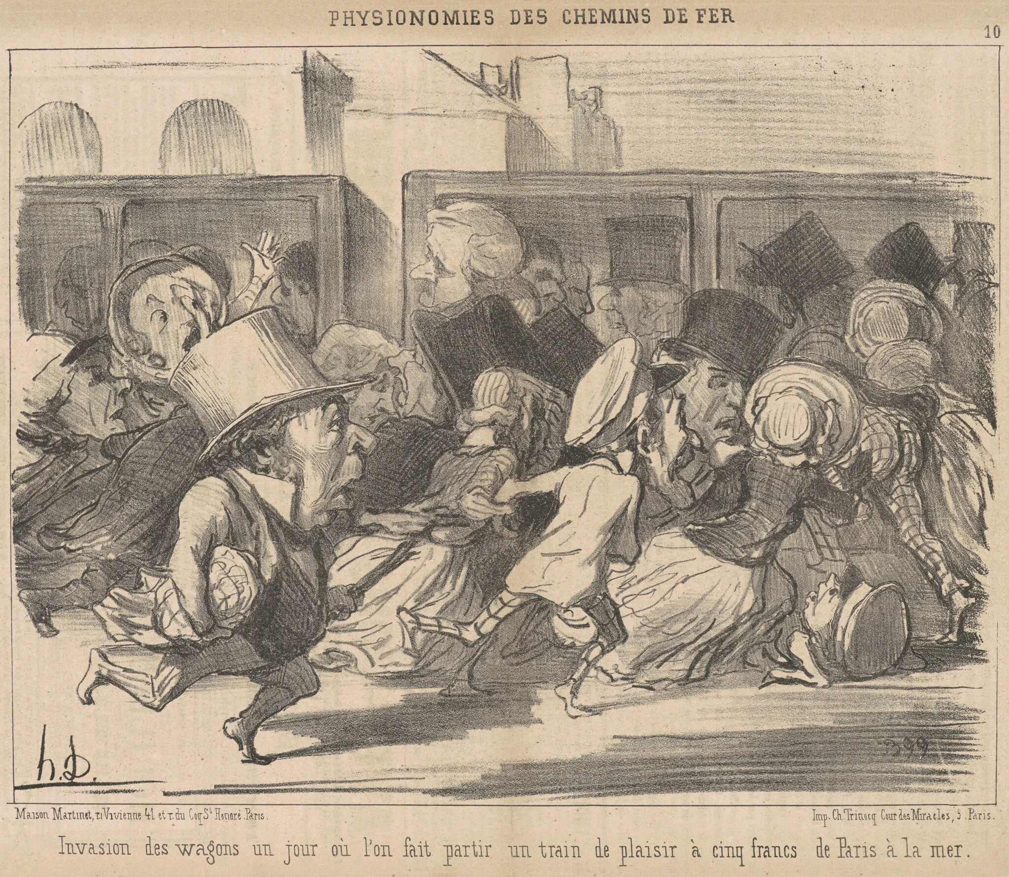 Invasion es wagons un jour ou l'on fait partir, by Honoré Daumier, ink, 1852