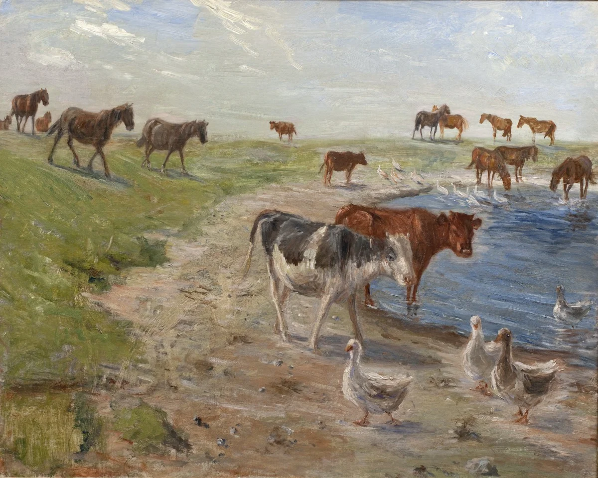 Calves and Geese at a Wateringhole on the Island of Saltholm, by Theodor Philipsen, oil, 1911