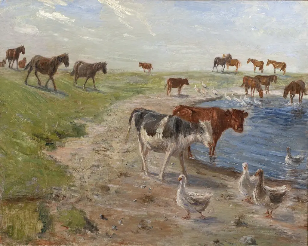 Calves and Geese at a Wateringhole on the Island of Saltholm