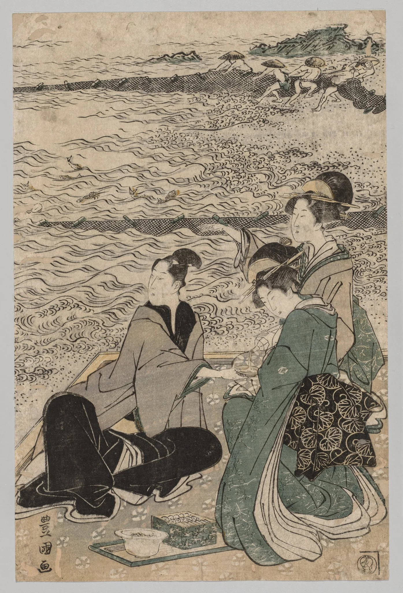 Man and Two Women at the Sea Shore, by Utagawa Toyokuni I, 1797