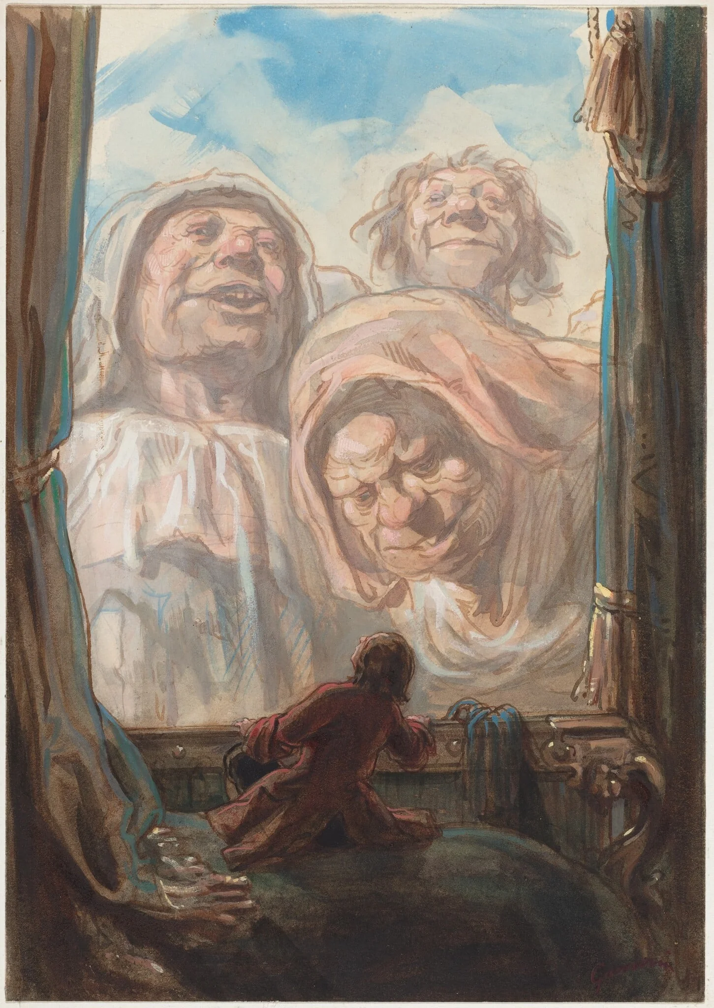 Gulliver Awed by Three Giant Beggars in the Land of Brobdingnag, by Paul Gavarni, ink, 1862