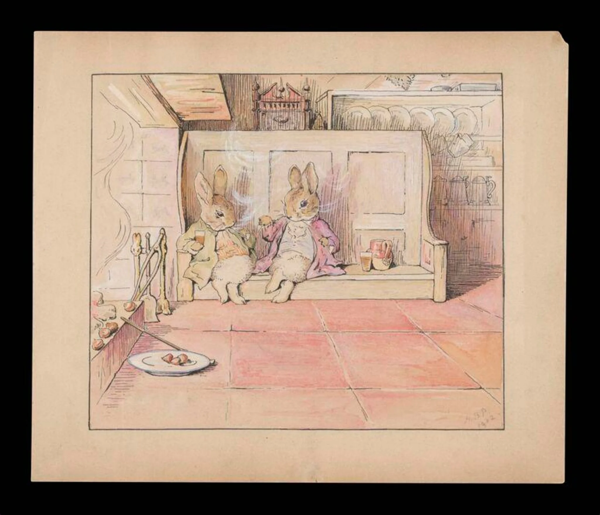 Two rabbits smoking pipes, by Beatrix Potter, watercolor, 1902