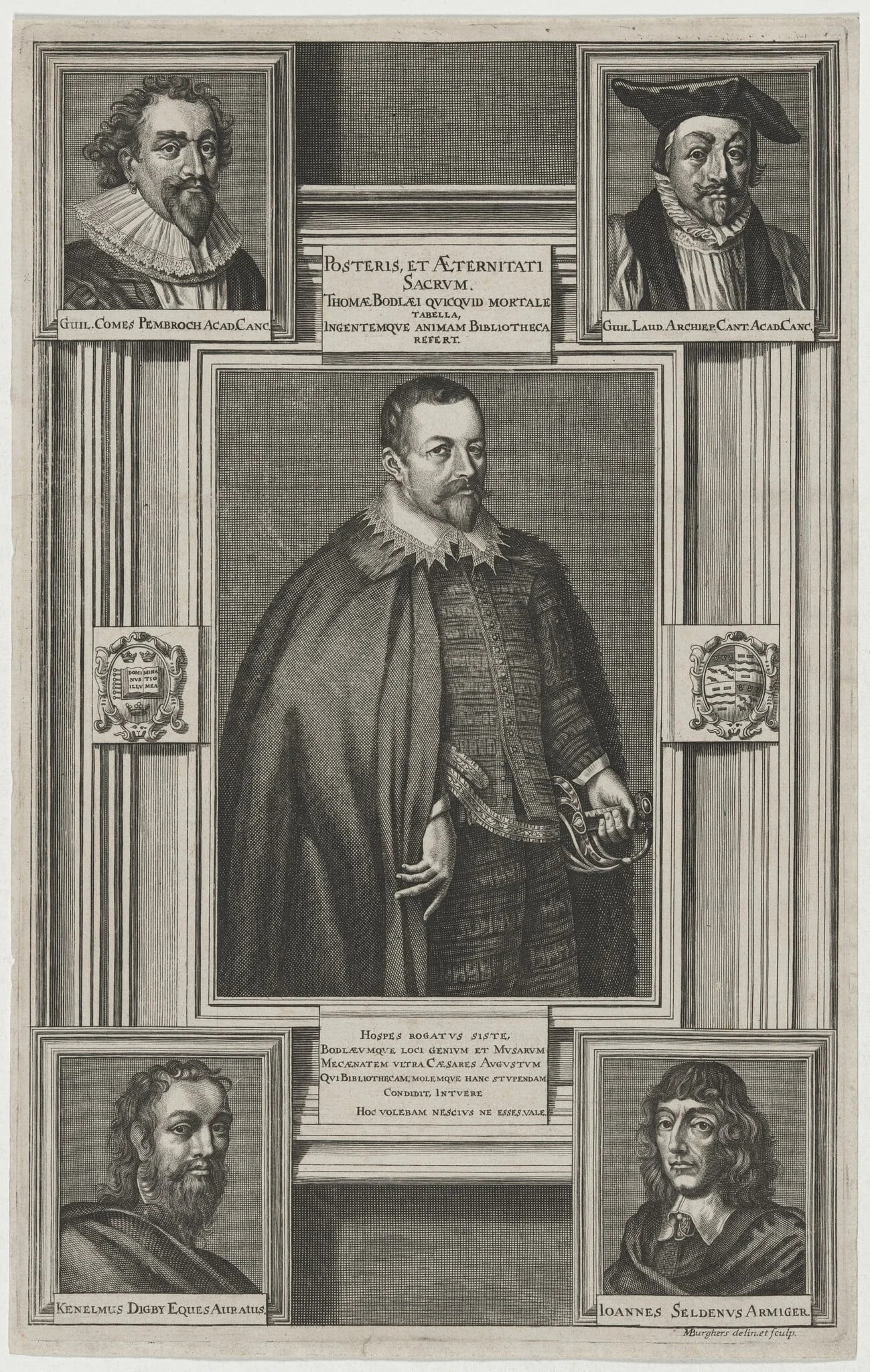 Sir Thomas Bodley, Founder of the Bodleian Library, by Michael Burghers, ink, 1682