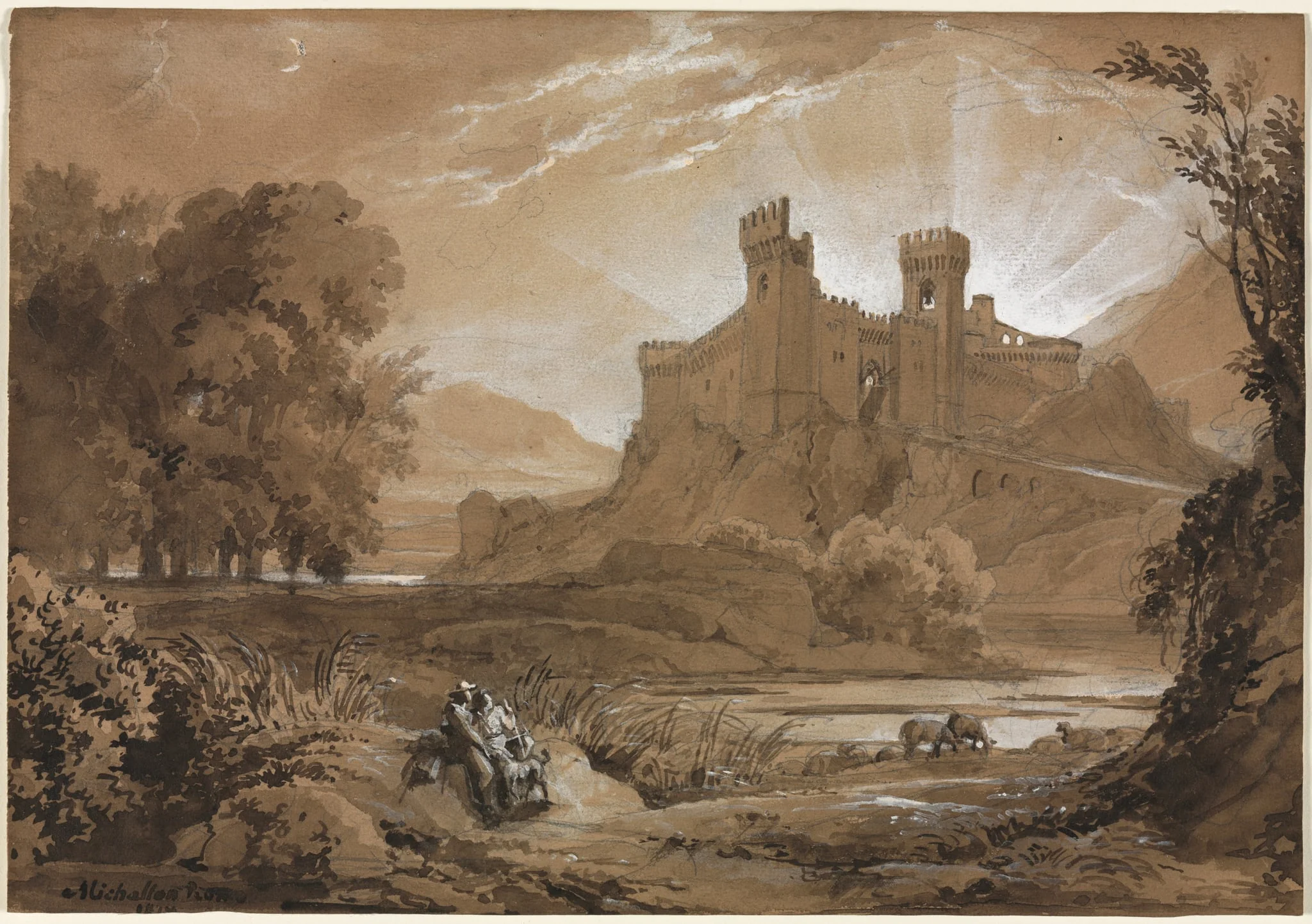 Landscape with Castle and Shepherds, by Achille Etna Michallon, 1814