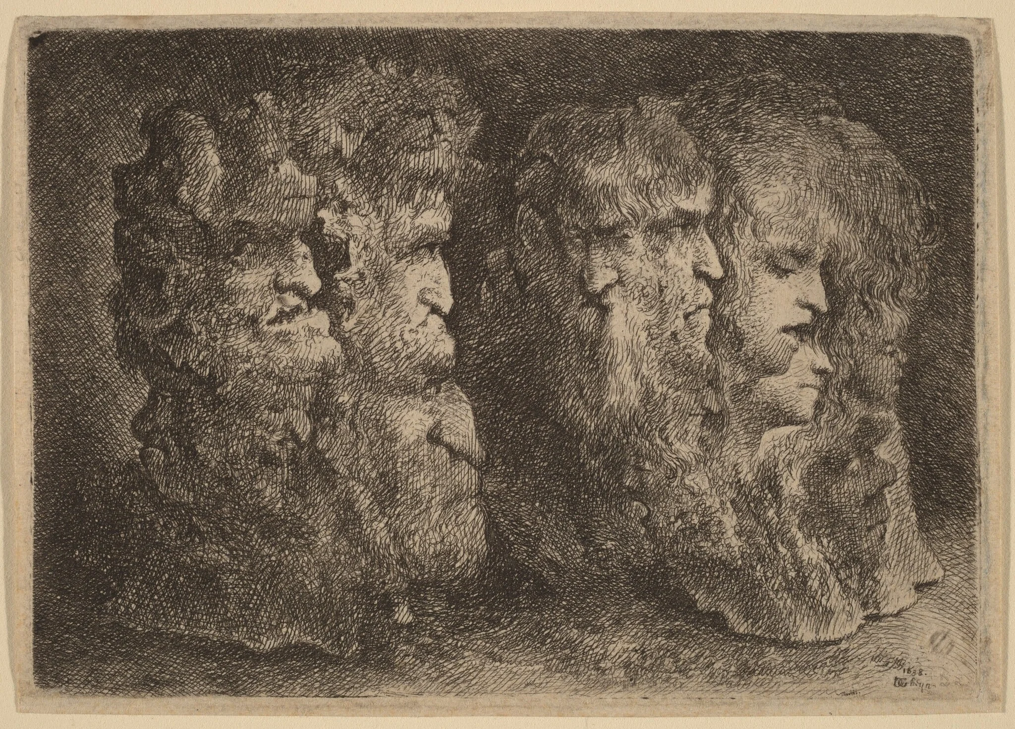 Grotesque Heads, by Bartholomeus Breenbergh, ink, 1638