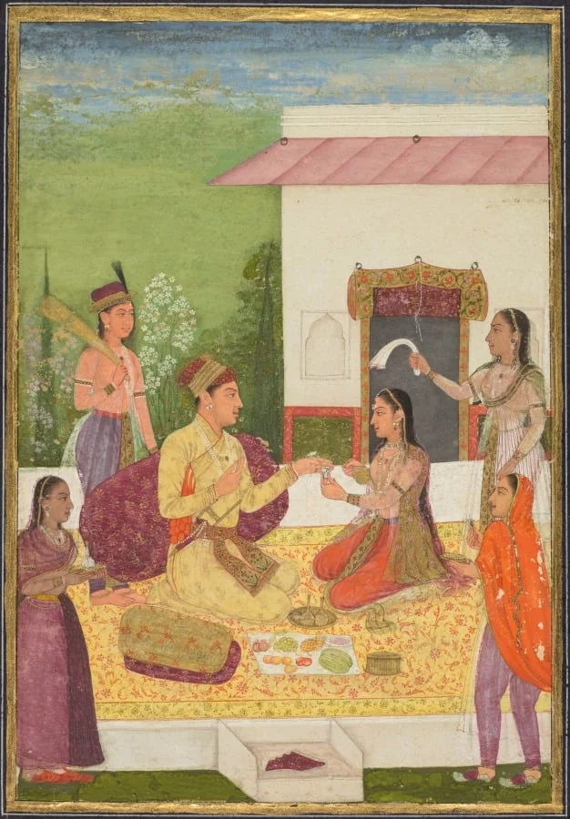 A prince conversing with a woman while taking refreshments on a terrace (recto), by Unknown, unspecified, 1715