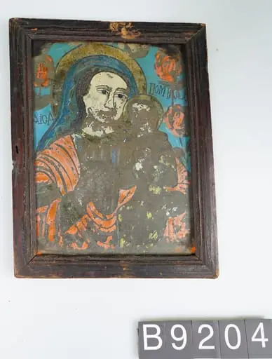 Icoană pe sticlă „Maica Domnului cu Pruncul”