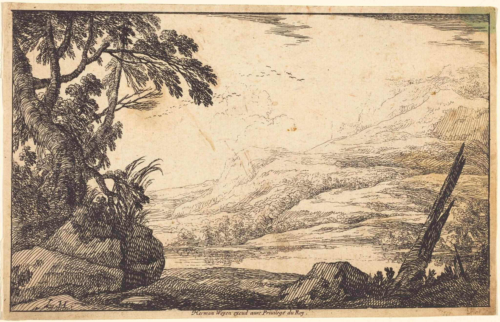 Mountainous Landscape, by Laurent de La Hyre, ink, 1640