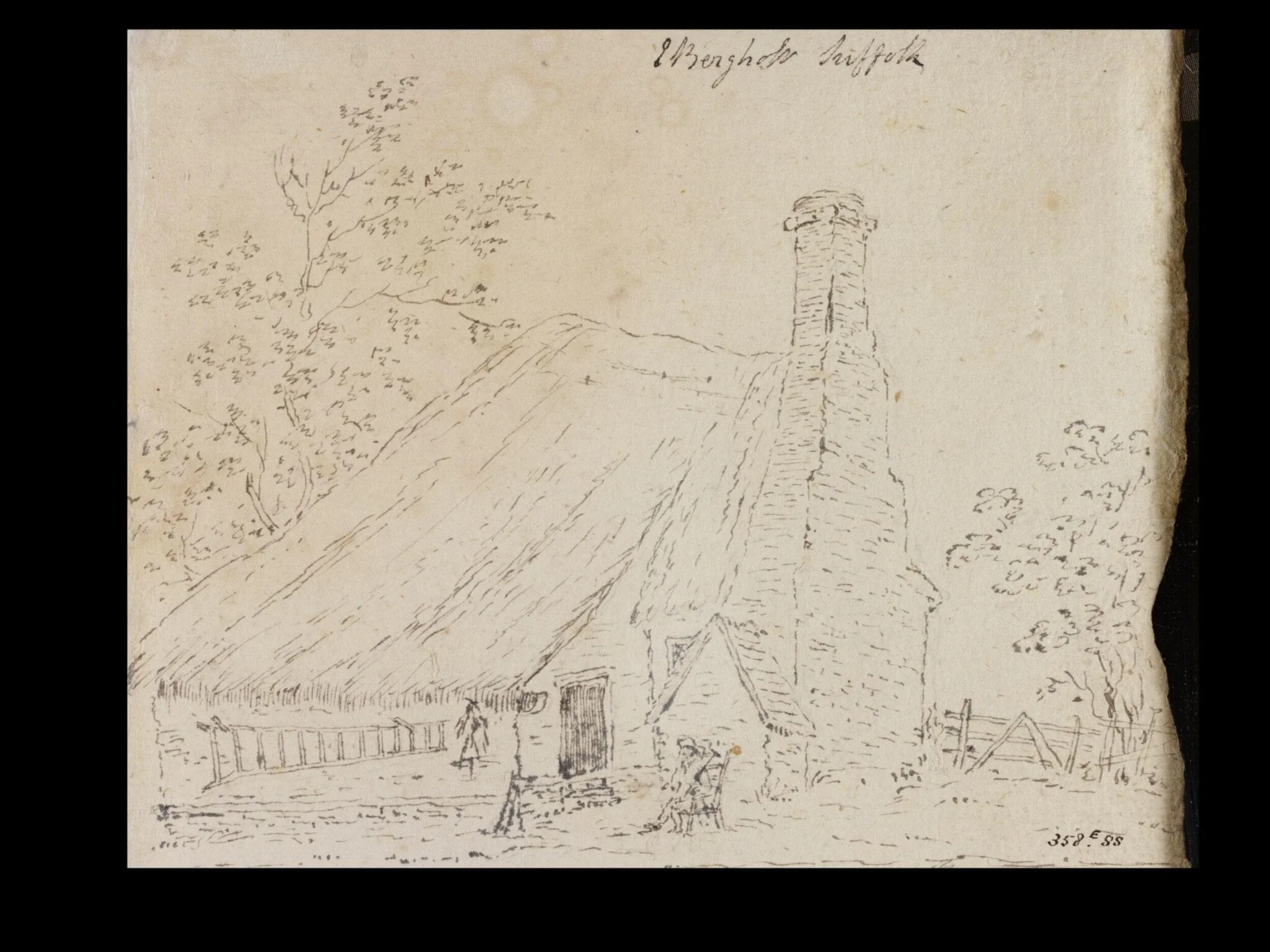Cottage at East Bergholt, with a cottager, by John Constable, 1796
