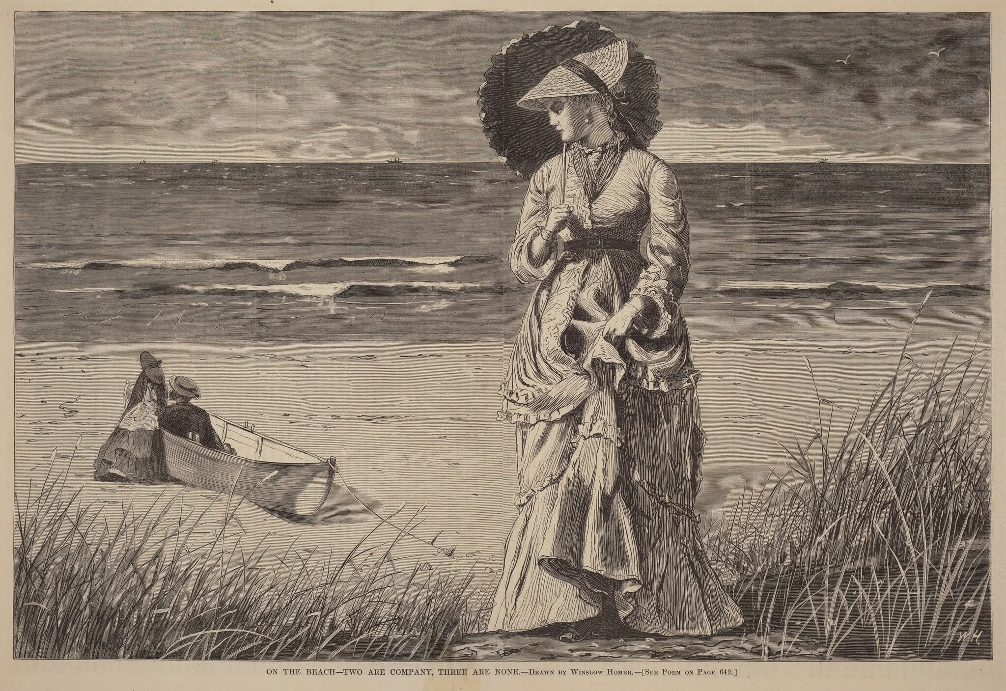 On the Beach - Two are Company, Three are None, by American 19th Century, ink, 1872