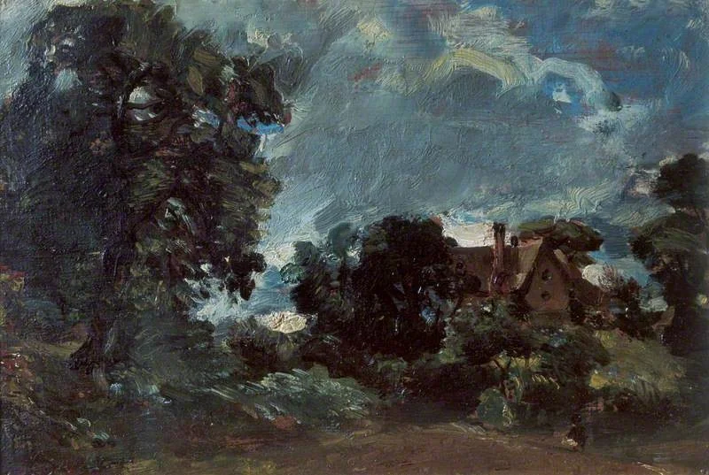 A Cottage and Lane at Langham (sketch for 'The Glebe Farm'), by John Constable, oil, 1810