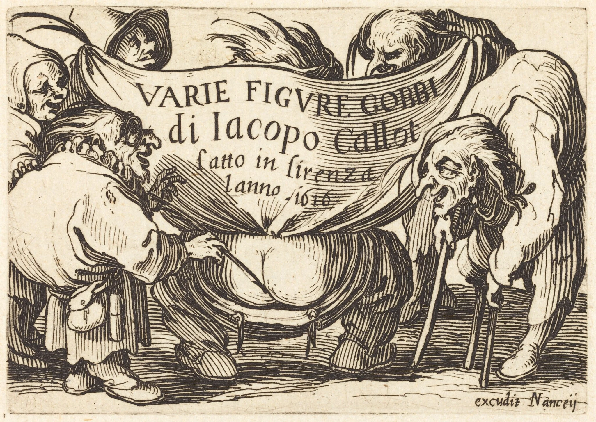 Frontispiece for "Varie Figure Gobbi" (Various Hunchback Figures), by Jacques Callot, ink, 1622