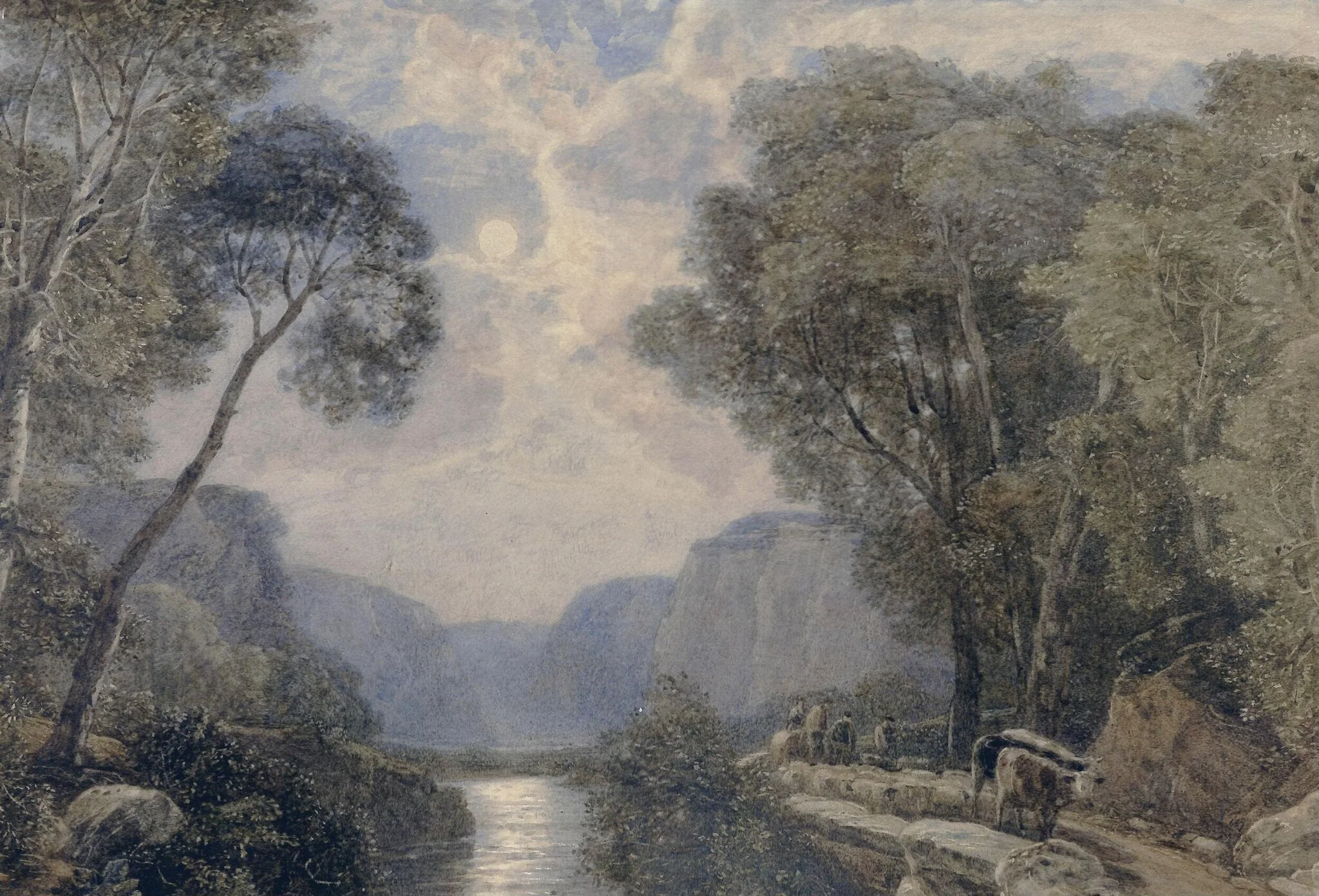 Landscape with River: Moonlight, by Francis Oliver Finch, watercolor, 1825