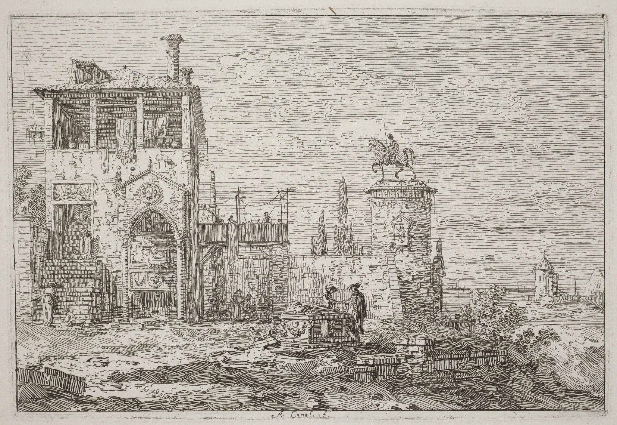 The Equestrian Monument [upper right], by Canaletto, ink, 1740