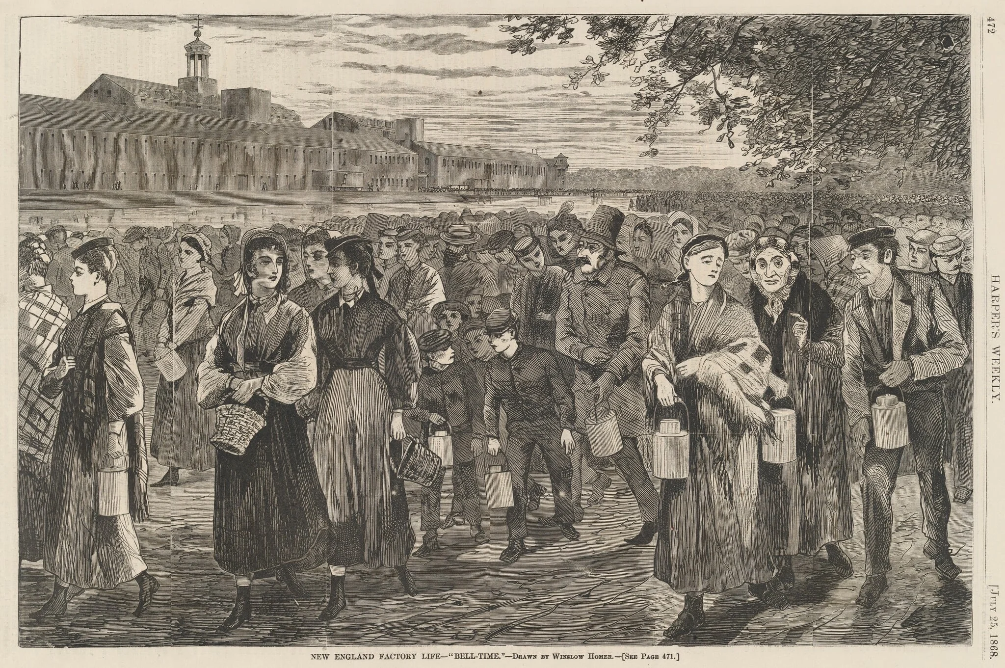 New England Factory Life - Bell-Time, by American 19th Century, ink, 1868