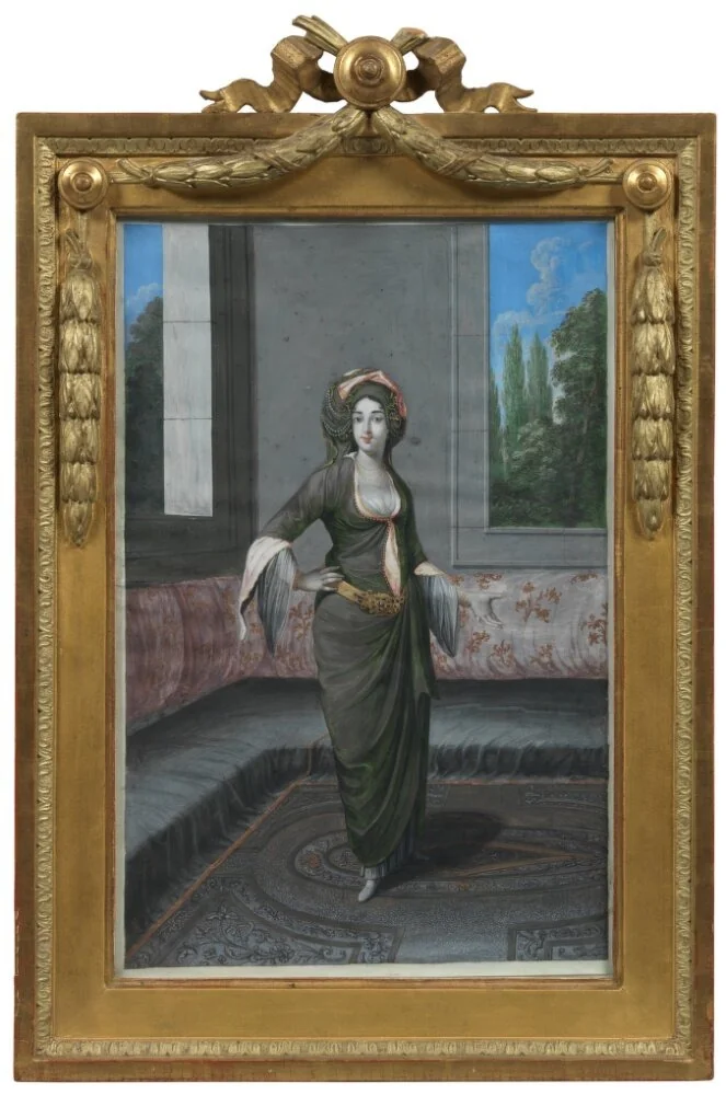 Turkiska sultanan, stående helfigur i interiör, by Hans Georg Müller, gouache, 1691