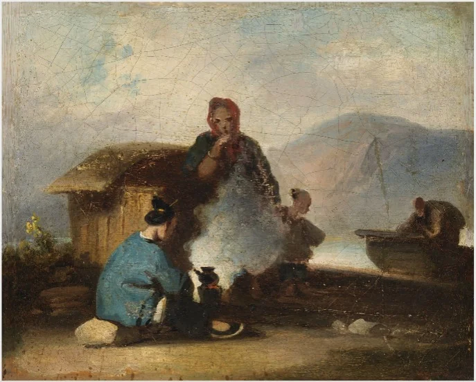Chinese Scene, Women Making Tea, by George Chinnery, oil, 1823
