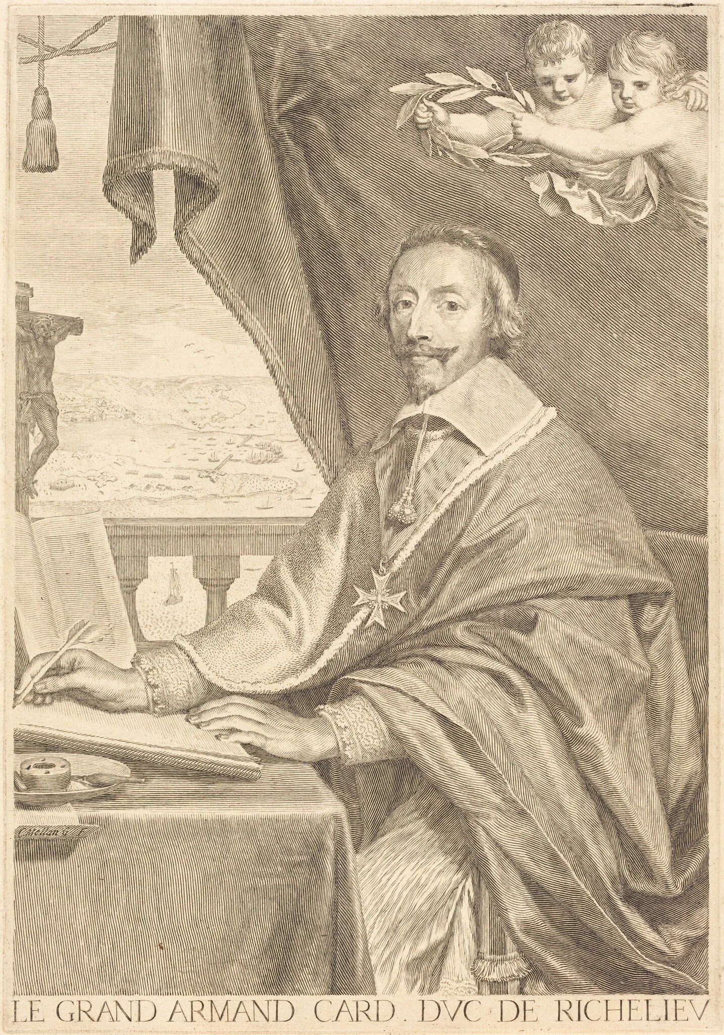 Armand Jean du Plessis, Cardinal Richelieu, by Claude Mellan, ink, 1643