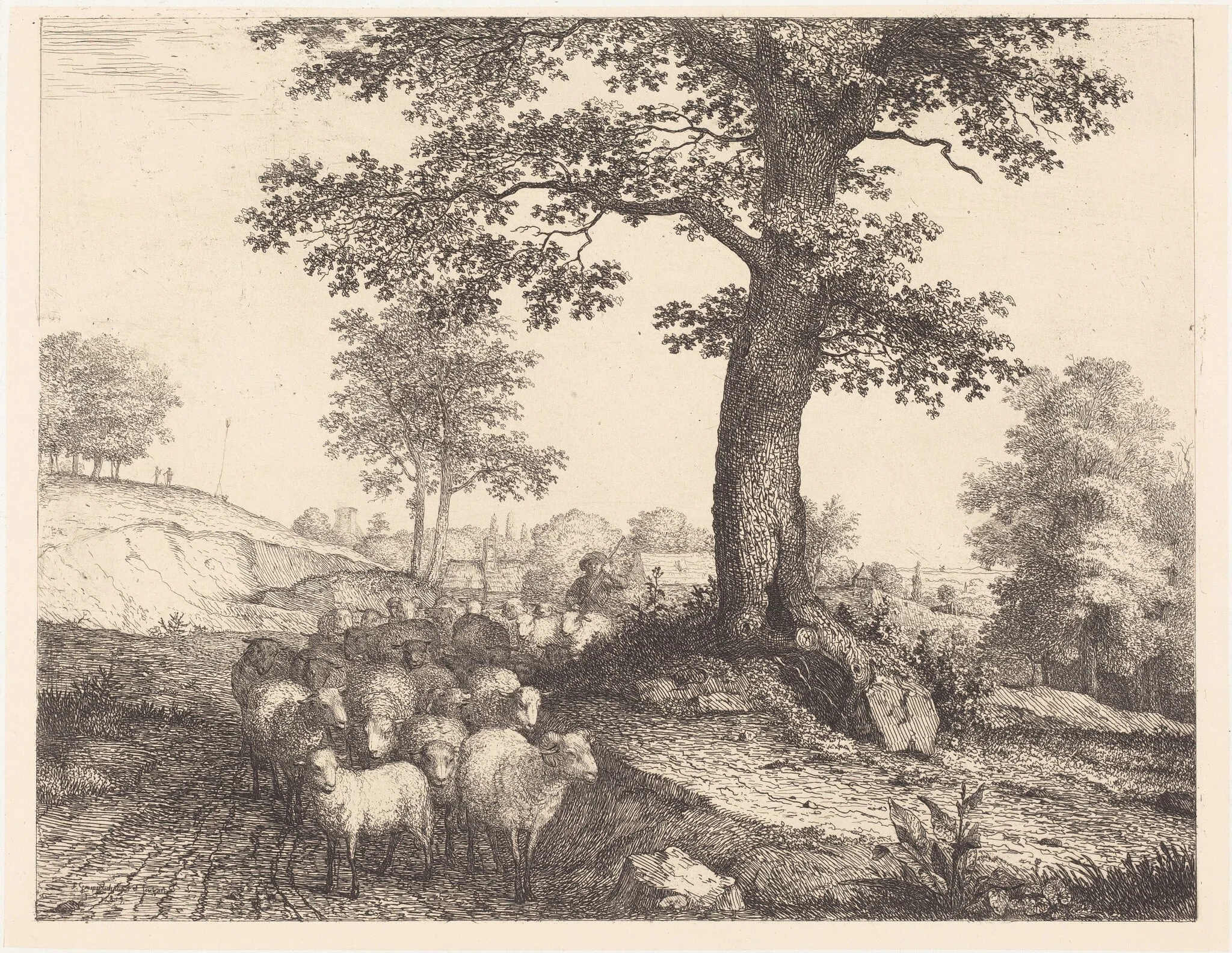 Shepherd and Flock under an Ancient Tree, by Florian Grospietsch, ink, 1819
