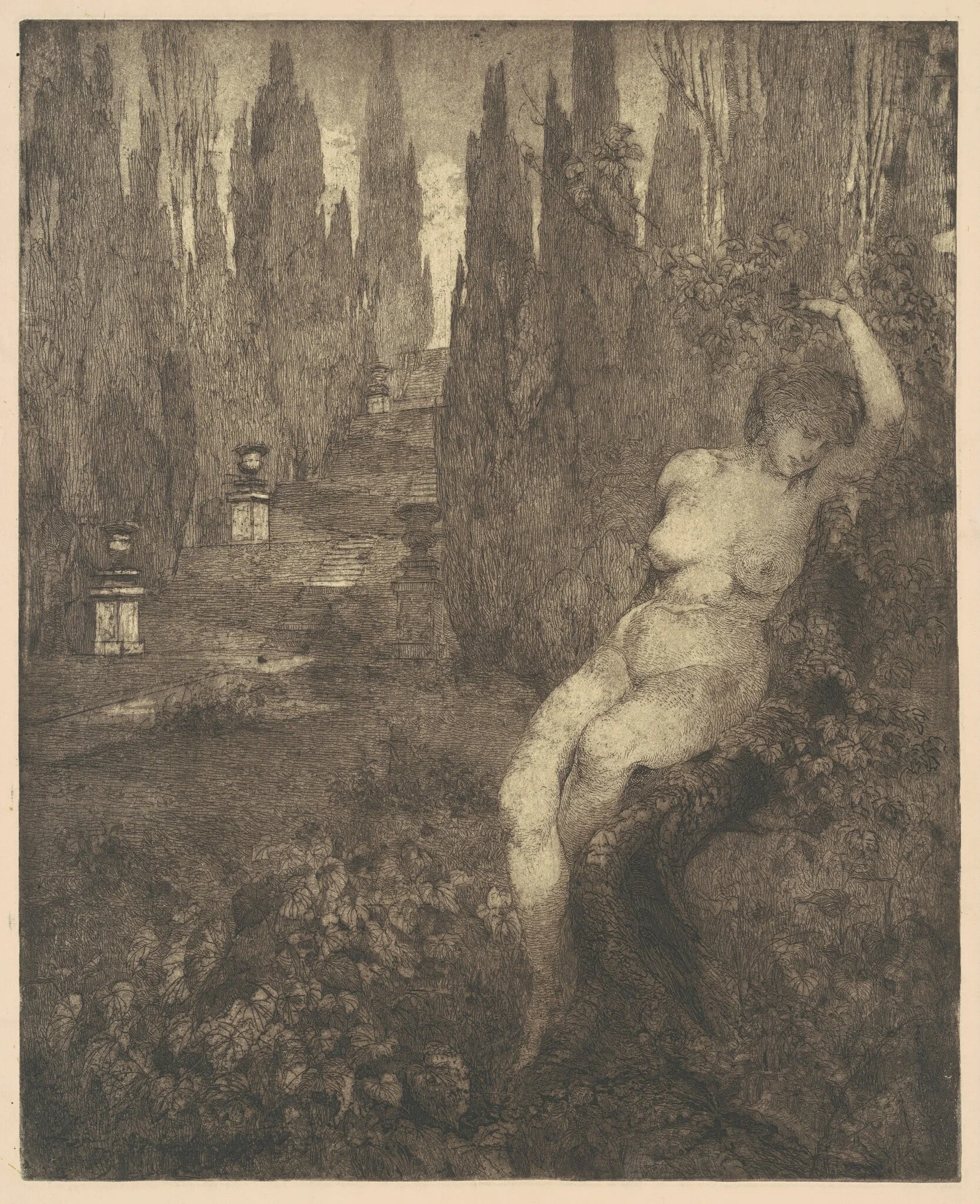 Donna ignuda addormentata nel parco [Naked Woman Asleep in the Park], by Carlo Paolo Agazzi, ink, 1894