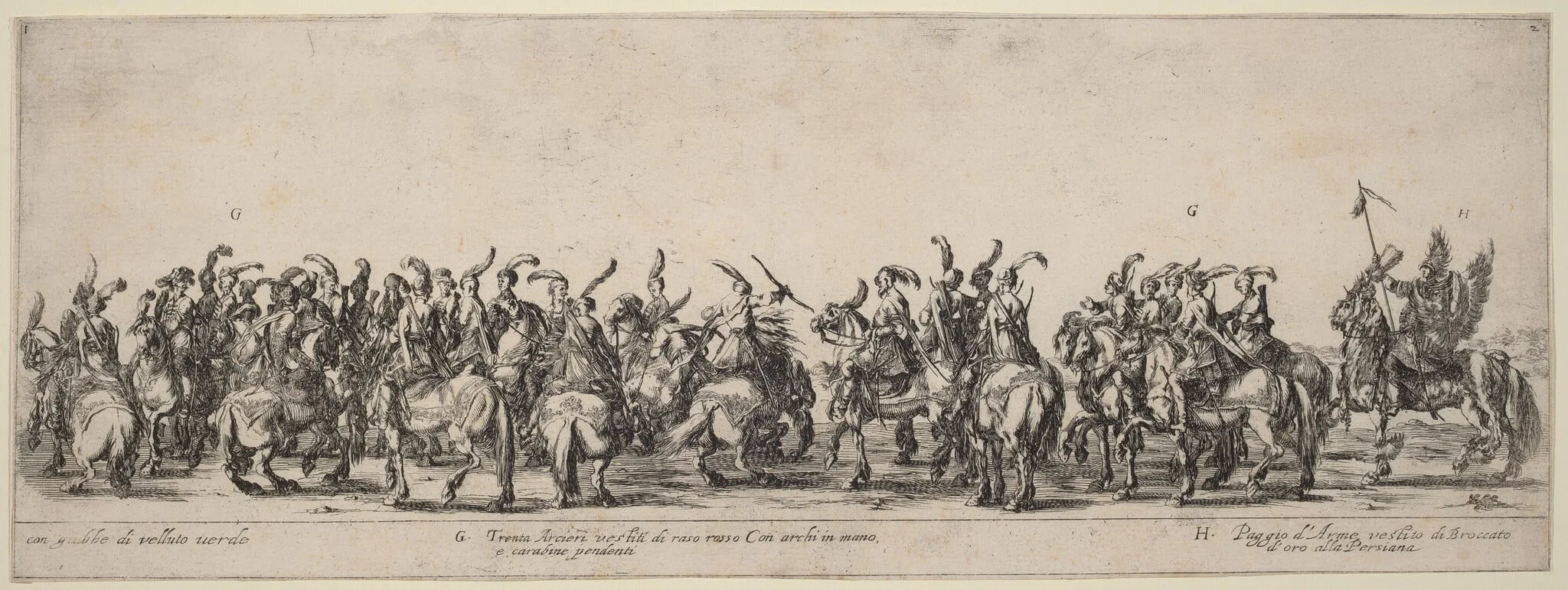 Thirty Archers and Pages, by Stefano Della Bella, ink, 1633