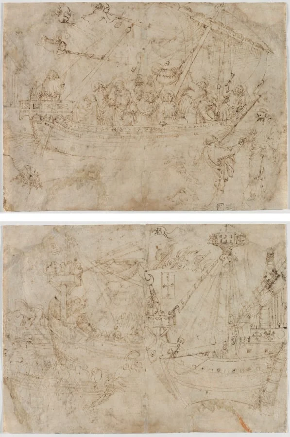 Navicella (recto); Two Drawings of Ships (verso), by Parri Spinelli, 1414