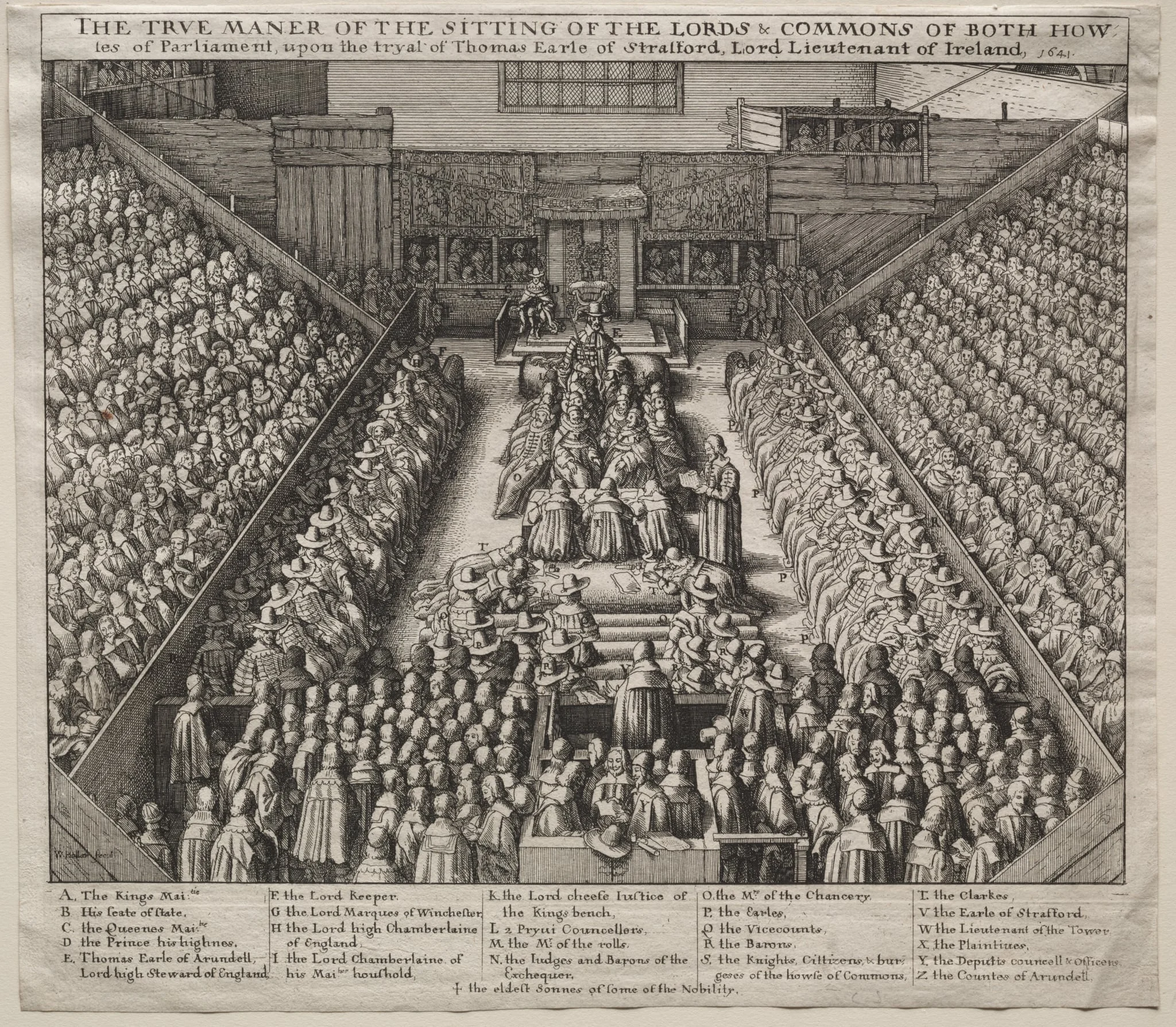 Westminster Hall, Interior, with The Trial of the Earl of Strafford, by Wenceslaus Hollar, 1641