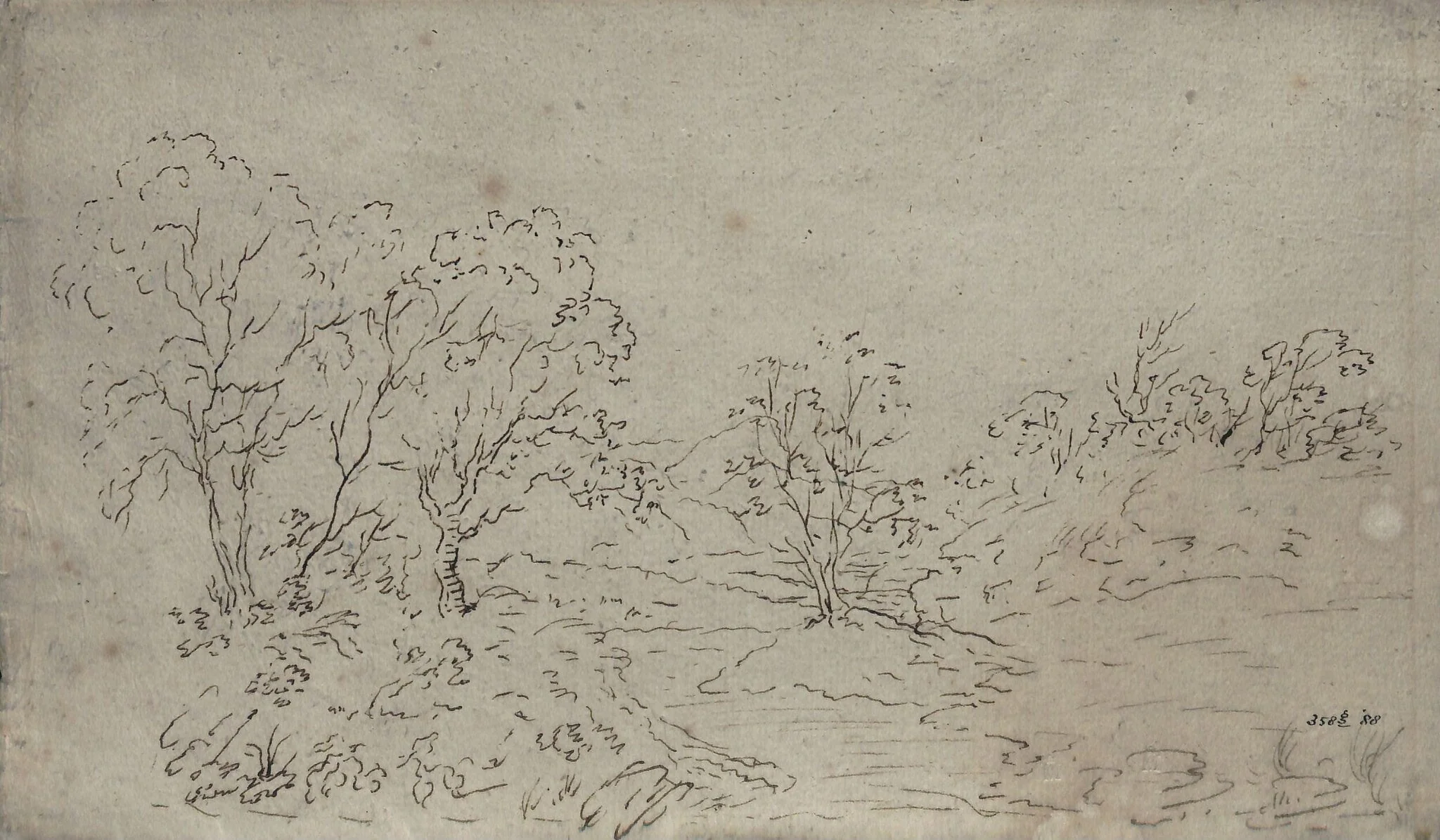 Landscape: a stream running between trees, by John Constable, 1796