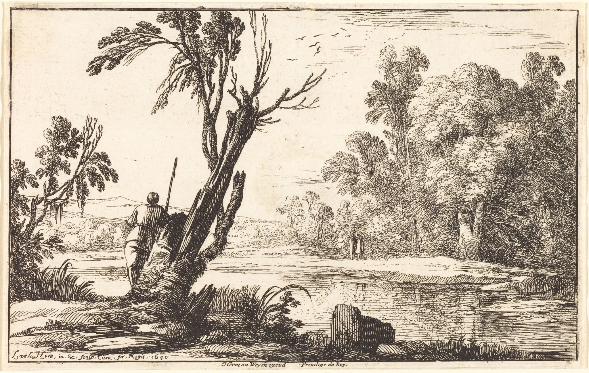 A Man Gazing across a Still Pond, by Laurent de La Hyre, ink, 1640