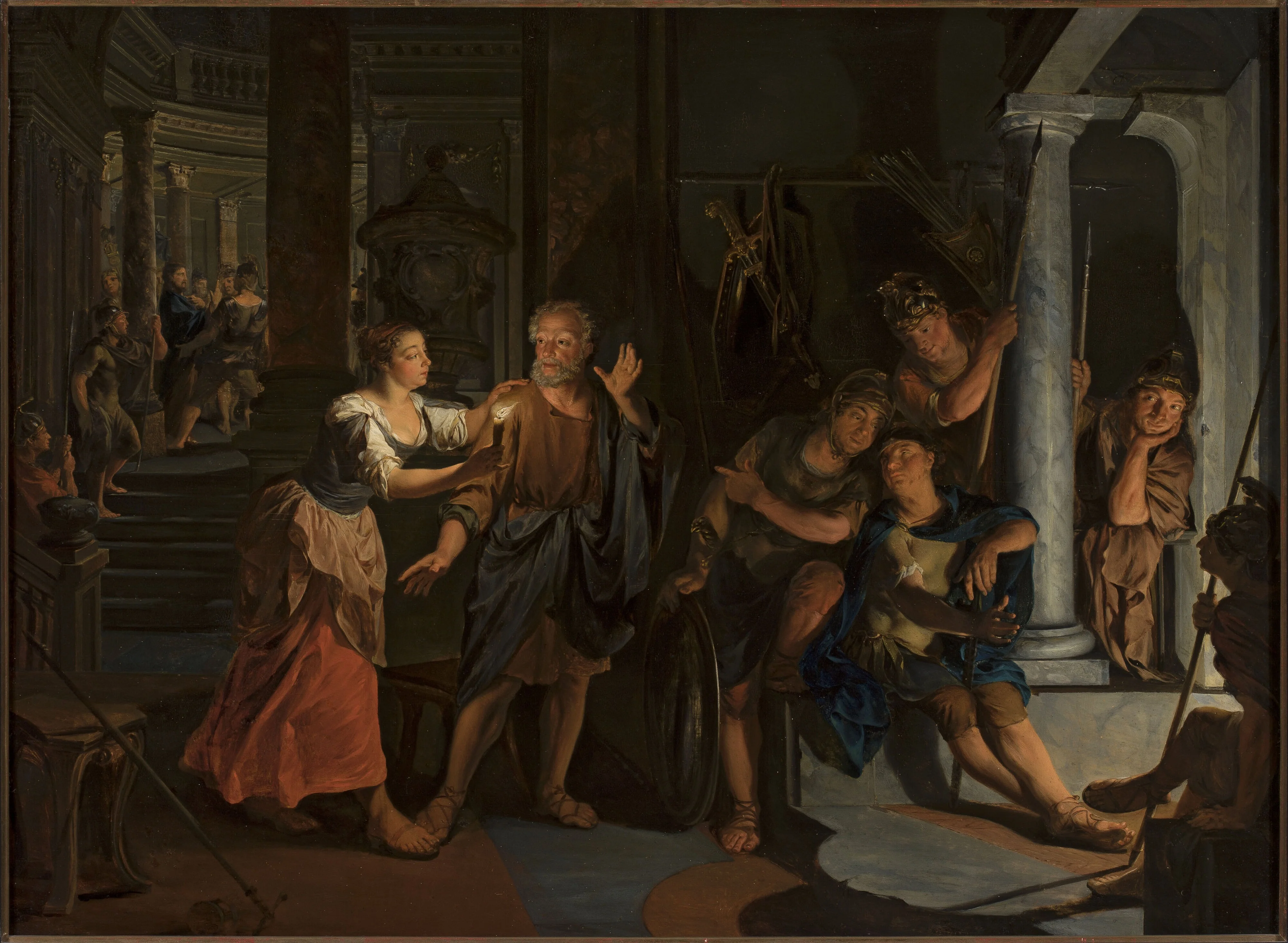 Denial of Saint Peter (Matthew 26:69-75; Mark 14:66-72; Luke 21:54-63; John 17:15-25)., by Nikolaas Verkolje, oil, 1719