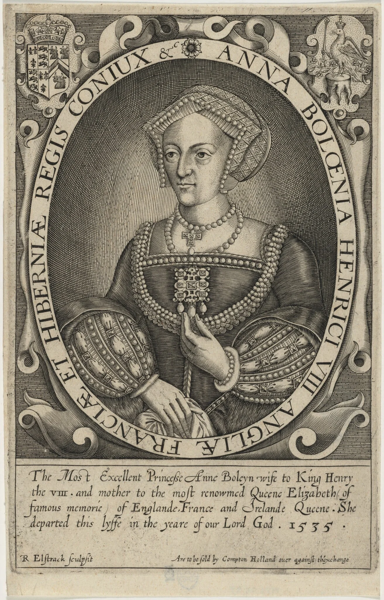 Anne Boleyn, by Renold Elstrack, ink, 1598
