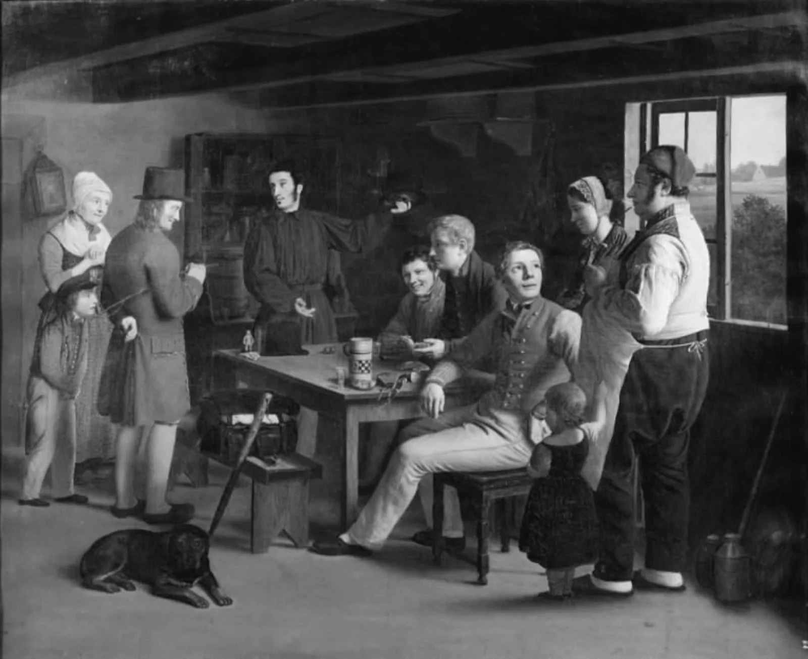 En taskenspiller som foreviser kunster i en krostue, by Unknown, 1834