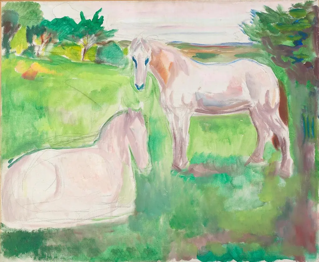 Two White Horses in a Green Meadow