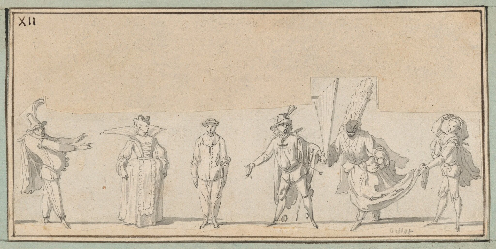 Six Studies of Commedia dell'Arte Actors: Polchinelle, Columbine, Pierrot, a Captain, Harlequin "en femme," and Scaramouche, by Claude Gillot, watercolor, 1711